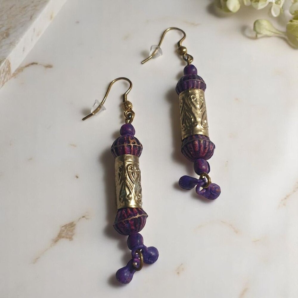 Vintage Handcrafted Brass Purple Beaded Dangle Earrings Boho Bali Core Design